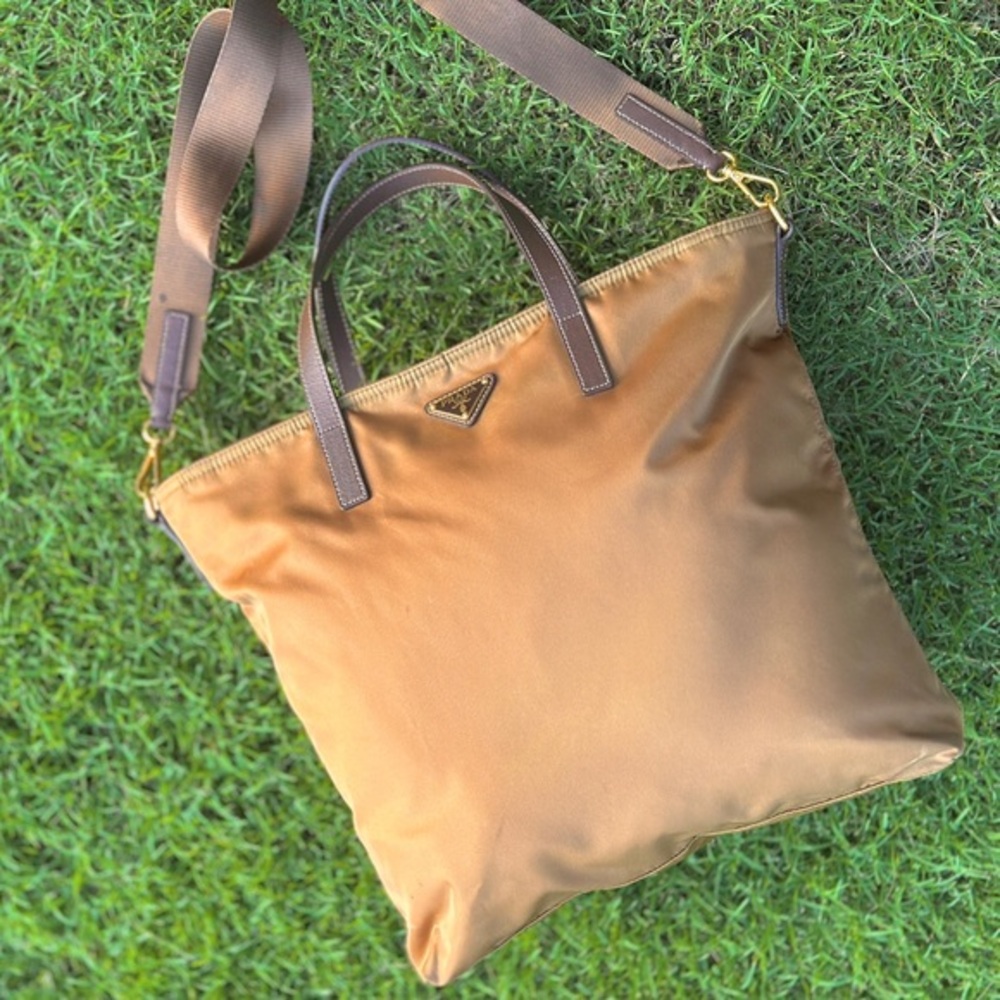 AUTHENTIC Tessuto Nylon Saffiano Shopping Tote. Tan. - Picture 15 of 15